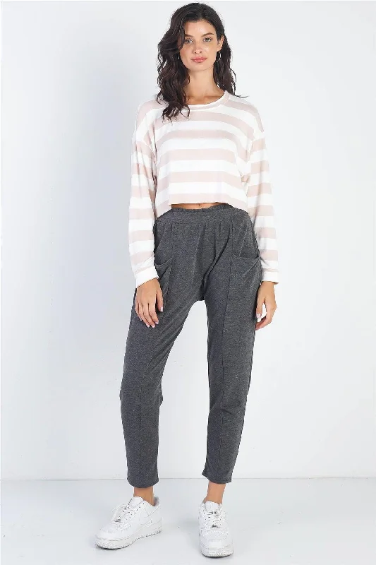 Charcoal Front Pocket Detail High Waist Jogger Pants Artistic Women's Hand - painted