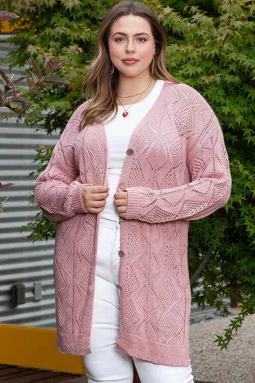 Plus Size Openwork V-Neck Long Sleeve Buttoned Cardigan Minimalist Women's Casual