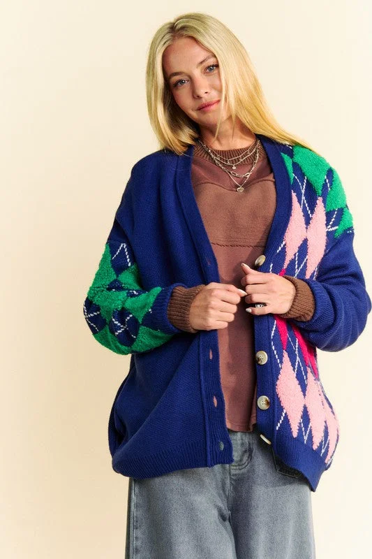 Davi & Dani Argyle V-Neck Dropped Shoulder Cardigan Youthful Women's Anime - inspired