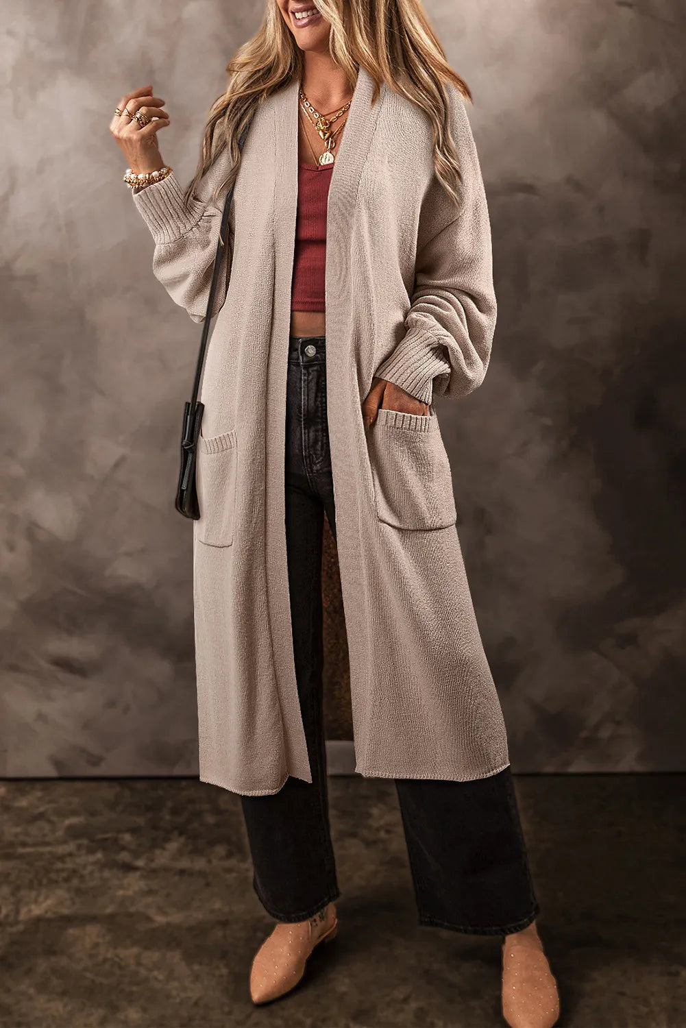Pocketed Open Front Long Sleeve Cardigan Cozy Women's Winter