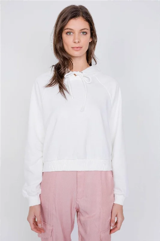 White Cotton Open Back Relaxed Fit Adjustable Hoodie Sweatshirt Cozy Women's Winter