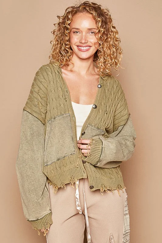 POL Distressed Hem Button Up Hooded Cardigan Casual Women's Loose - fitting