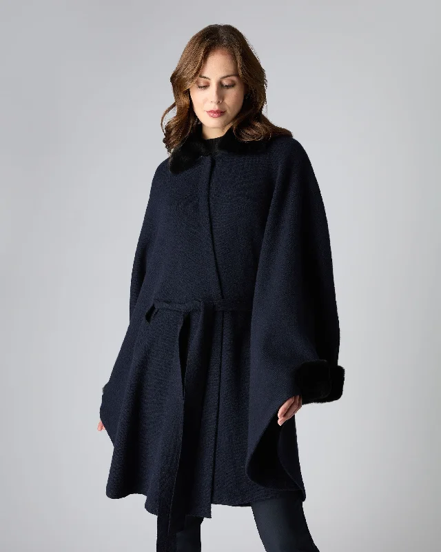 Women's Rex Trim Belted Cashmere Cape Navy Blue Contemporary 