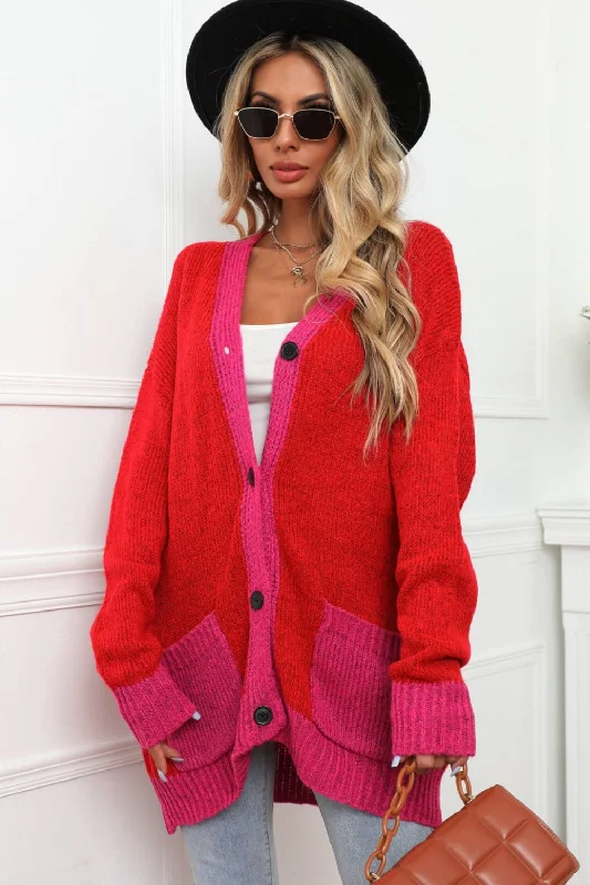 Angel Wings Contrast Detail Button-Up Cardigan with Pockets Dynamic Women's High - energy