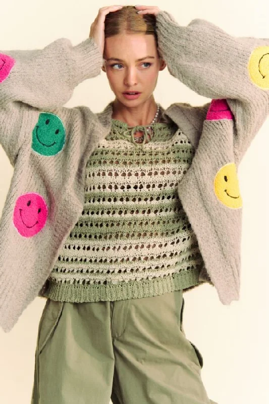 Davi & Dani Fuzzy Smile Open Front Long Sleeve Cardigan Confident Women's High - fashion