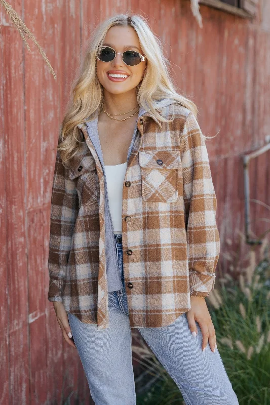 Brown Plaid Hooded Shacket - FINAL SALE Casual Women's Japanese 