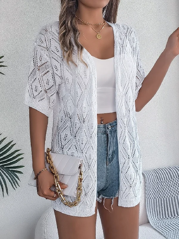 Openwork Open Front Half Sleeve Cardigan Bold Women's Animal Print
