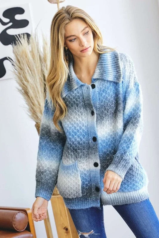 Davi & Dani Contrast Collared Neck Button Up Cardigan with Pockets Traditional Women's Wool