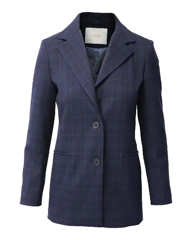 Maje Plaid Blazer Jacket in Navy Blue Polyester Refined Women's 