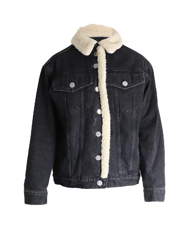 Maje Balta Faux-Shearling Trim Denim Jacket In Black Cotton Country