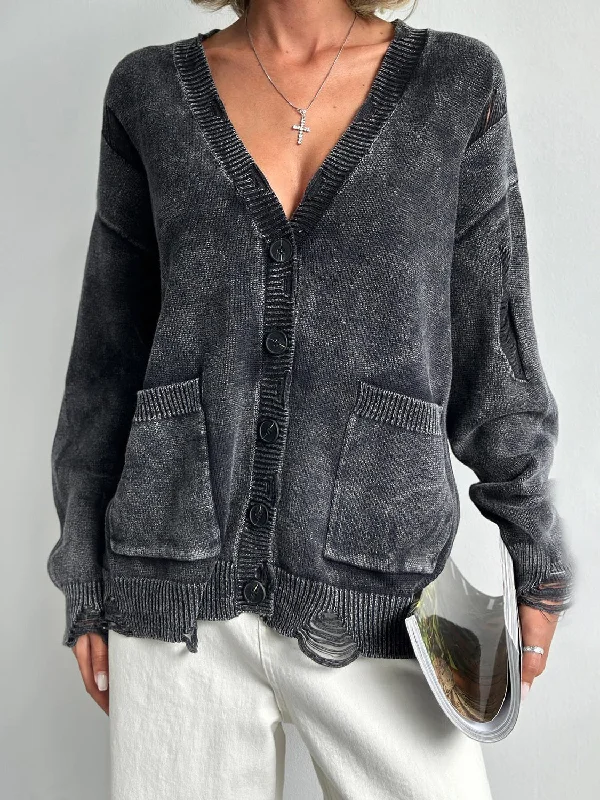 Distressed Button Down Long Sleeve Cardigan Casual Women's Japanese 