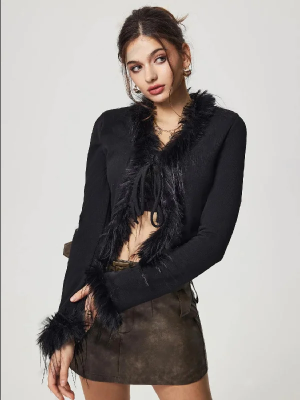 Tied Fuzzy Trim Long Sleeve Knit Cardigan Tough Women's Military - inspired