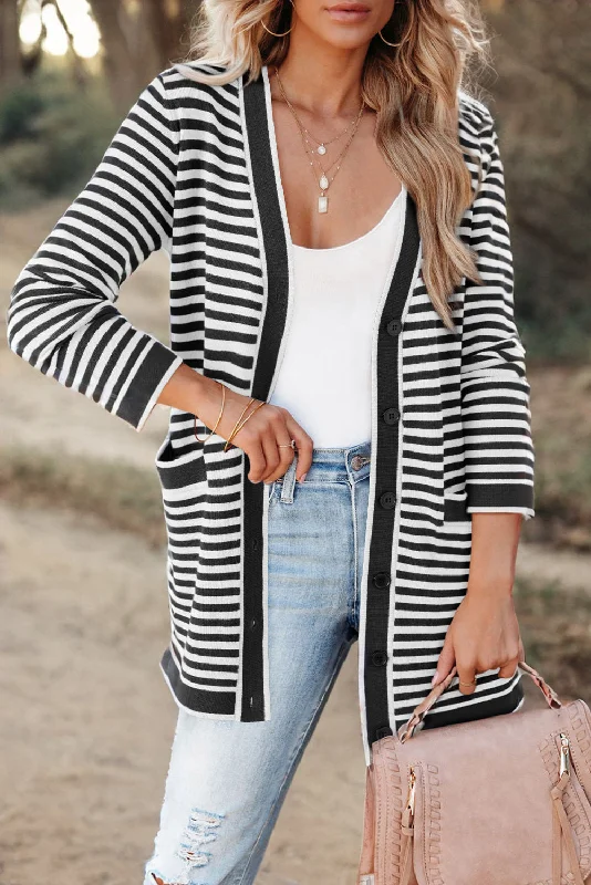 Striped Open Front Long Sleeve Cardigan Confident Women's High - fashion
