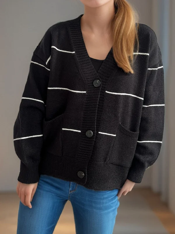 Striped Button Down V-Neck Long Sleeve Cardigan Classic Women's Pin - striped