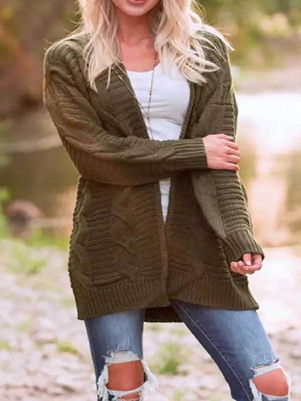 Cable-Knit Open Front Long Sleeve Cardigan Feminine Women's Soft 