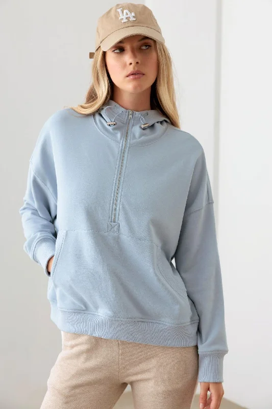 Blue Cotton Half Zip Drawstring Mock Neck Hoodie Top Sophisticated Women's 