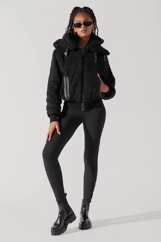 The Kinsley Bomber Jacket in Faux Sherpa - Black Polished Women's Silk