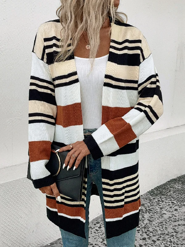 Perfee Striped Open Front Drop Shoulder Cardigan Feminine Women's Style 
