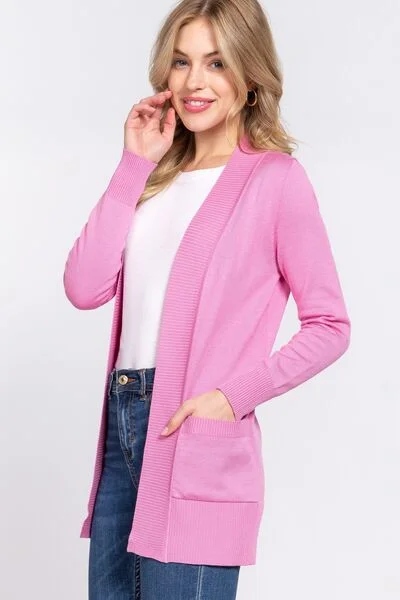ACTIVE BASIC Ribbed Trim Open Front Cardigan Hip Women's Retro