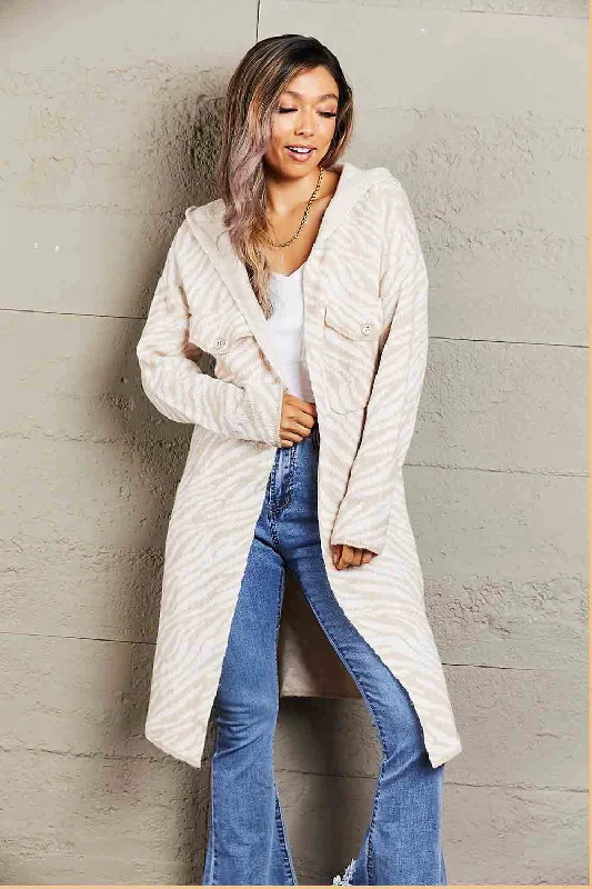 Printed Open Front Hooded Longline Cardigan Edgy Women's Punk