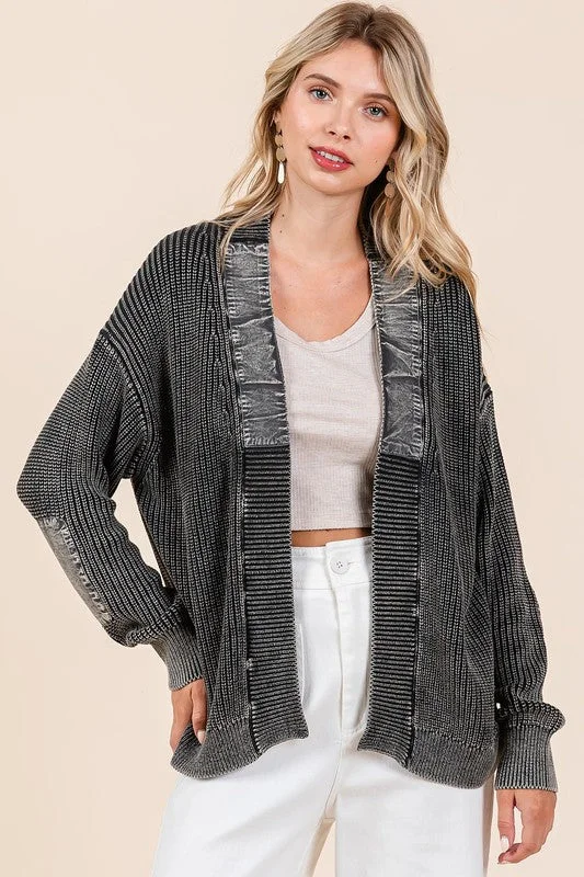 Mittoshop Contrast Patch Open Front Mineral Wash Cardigan Feminine Women's Soft 