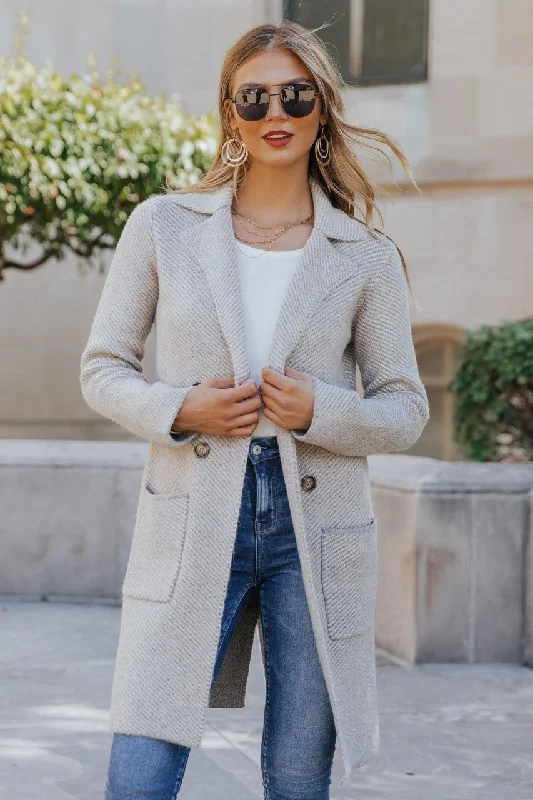 Club Chic Heather Grey Long Double Breasted Coat Relaxed Women's Beachy