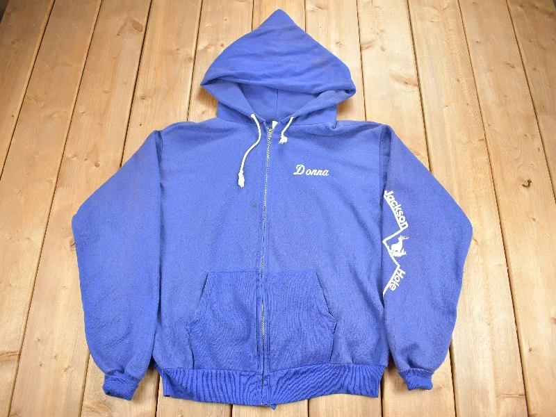 Vintage 1980s Jackson Hole Graphic Zip Up Hoodie Monochromatic Office Style
