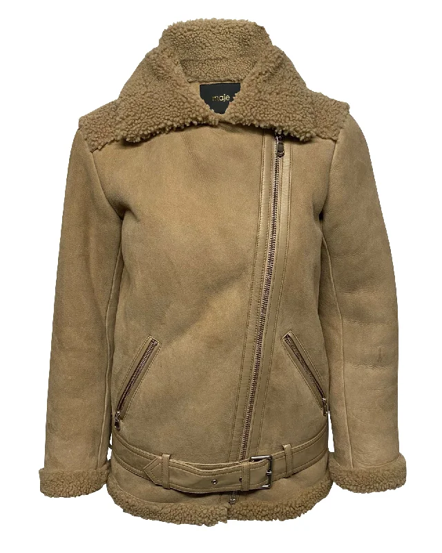 Maje Gombery Shearling Jacket in Beige Suede Bold Women's Statement