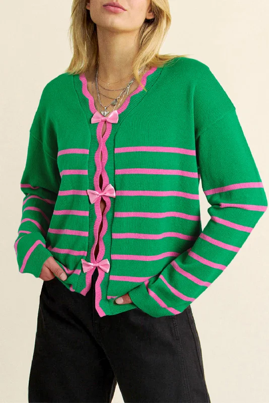 Bow Striped V-Neck Long Sleeve Cardigan British Gentlewoman Style