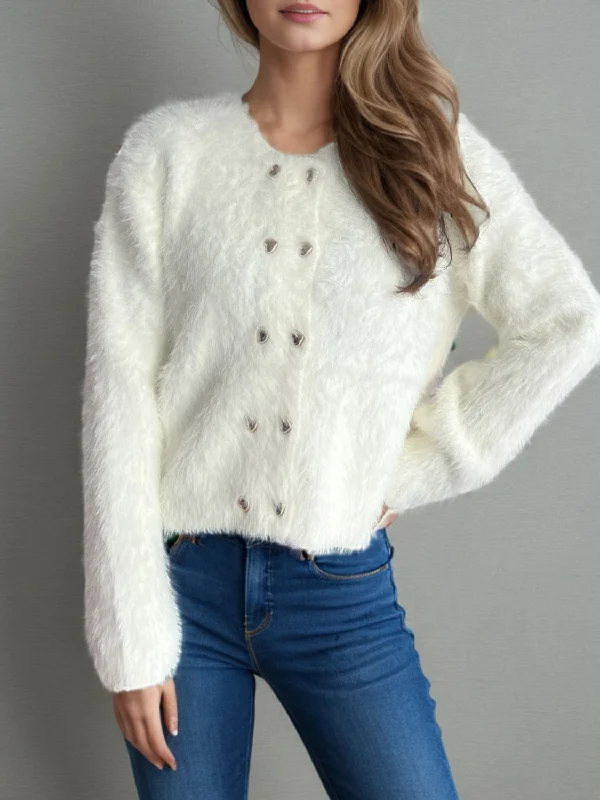 Heart Button Round Neck Cardigan Monochromatic All - in - one
