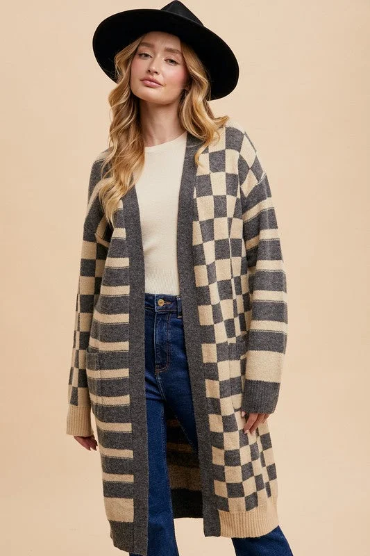 Annie Wear Checkered & Striped Open Front Long Sleeve Cardigan Dynamic Women's High - energy