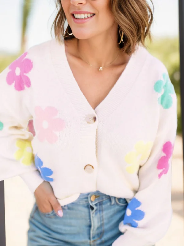 Plus Size Flower Button Up Long Sleeve Cardigan Feminine Women's Soft 