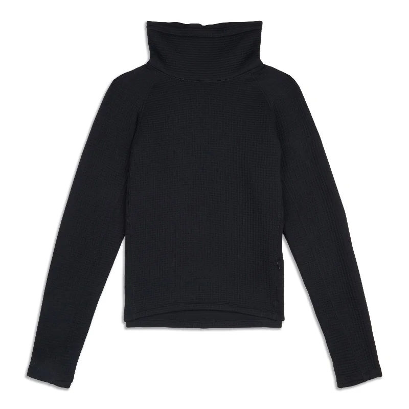 Waffle-Knit Funnel-Neck Long-Sleeve Shirt - Resale Trendy Women's Oversized
