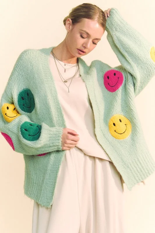 Davi & Dani Fuzzy Smile Open Front Long Sleeve Cardigan Preppy Women's College