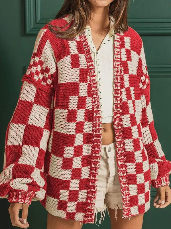 Checkered Open Front Long Sleeve Cardigan Dapper Women's Bow - adorned
