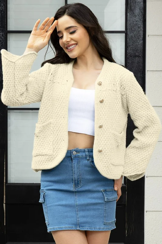 Button Up Long Sleeve Cardigan with Pockets Classic Women's Pin - striped