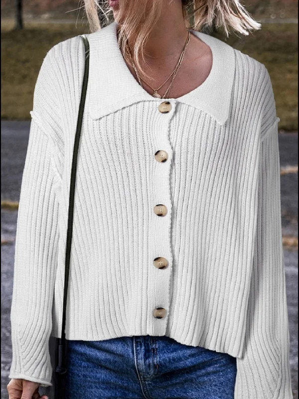 Collared Neck Button Down Long Sleeve Cardigan Elegant Women's 