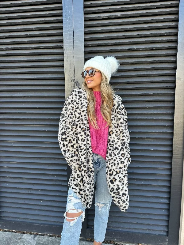 Leopard Teddy Fleece Hooded Cardigan Casual Women's Japanese 