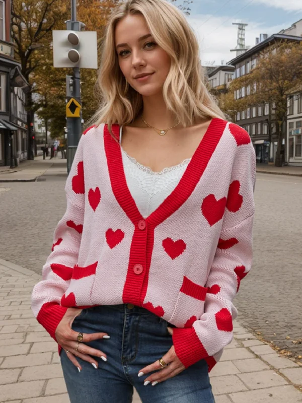Heart Button Up Dropped Shoulder Long Sleeve Cardigan French