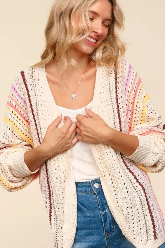 Haptics Full Size Striped Crochet Open Front Cardigan Feminine Women's Style 