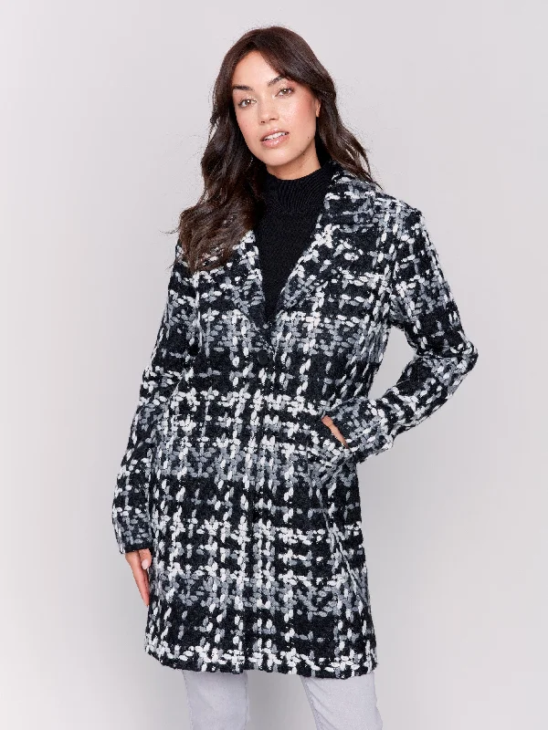 Straight Cut Bouclé Knit Coat - Black & White Dapper Women's 1920S
