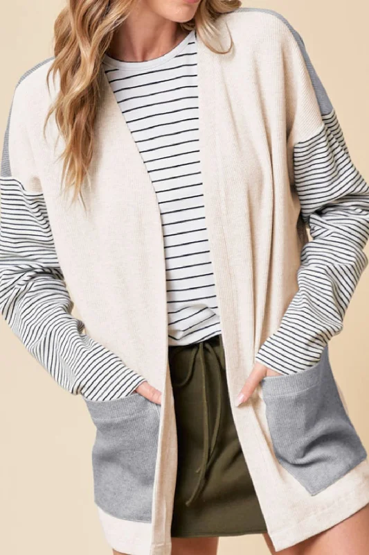 Open Front Long Sleeve Striped Cardigan with Pockets Practical Women's Multi - 