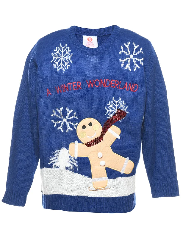 Teddy Bear Print Christmas Jumper - S Edgy Women's Punk