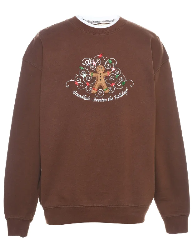 Teddy Bear Print Christmas Sweatshirt - L Cozy Women's Sherpa - lined