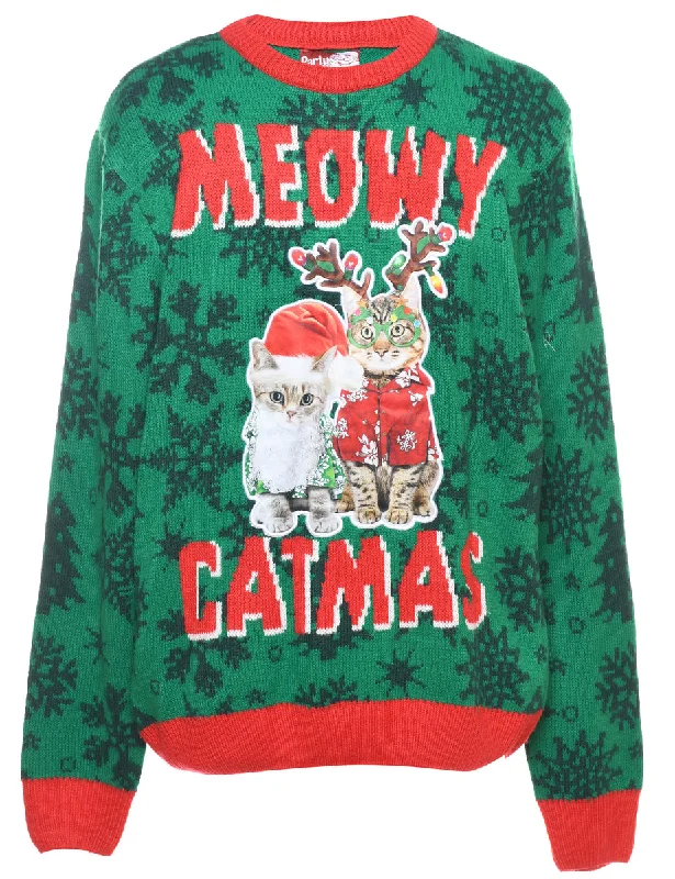 Cat Printed Christmas Jumper - L Artistic Women's Hand - painted