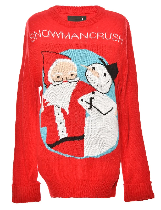 Red Snowman Crush Christmas Jumper - L Hip Women's Urban