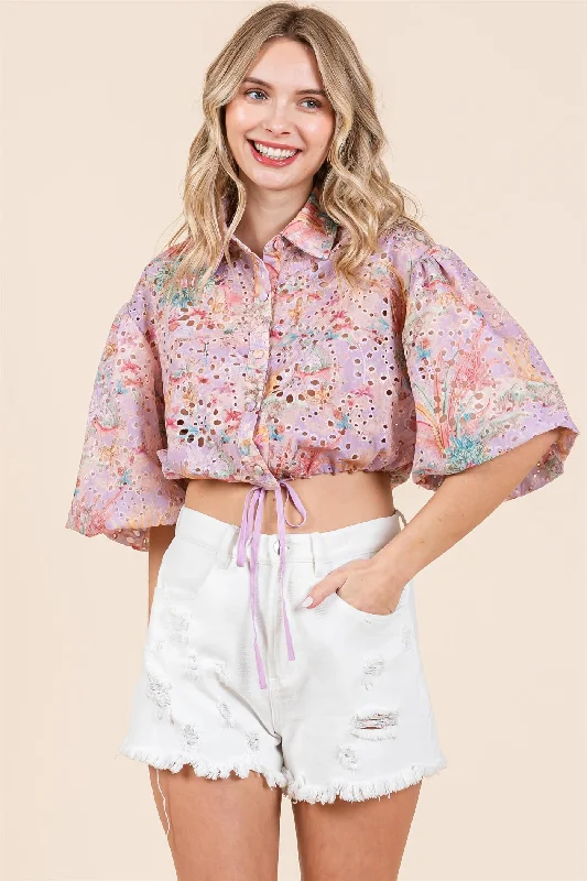 Eyelet Button-Up Crop Top Stylish Women's Tropical 