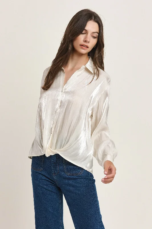 Twisted hem Satin Blouse White Practical Women's Multi - 