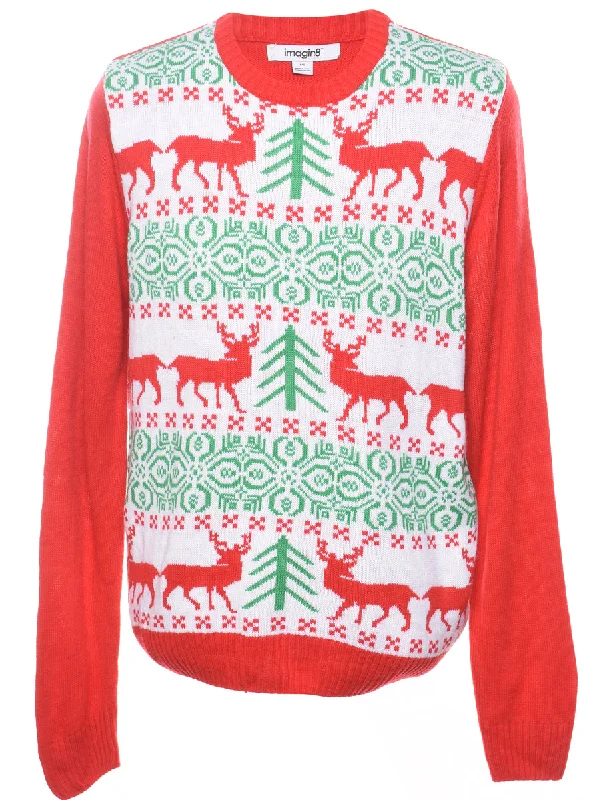 Multi-colour Reindeer Christmas Jumper - L Polished Women's Silk
