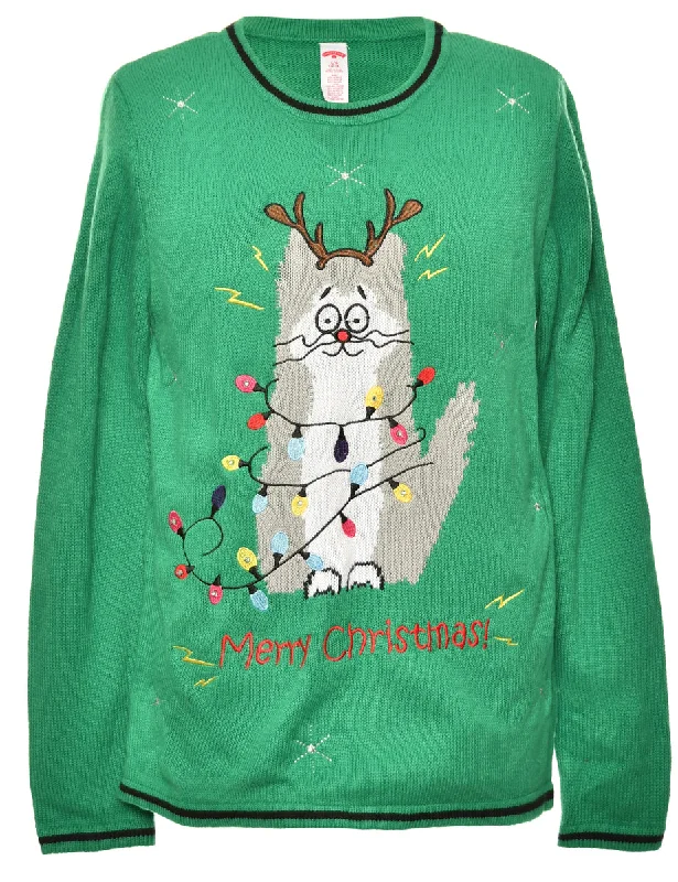 Cat Design Festive Jumper - L Casual Women's Loose - fitting